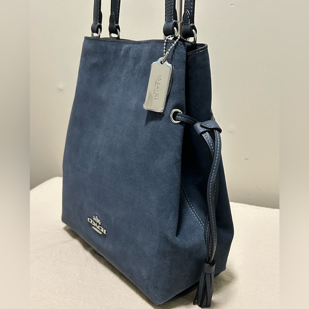 COACH Andy Suede and Pebble Leather Tassel Cinch Tote in Denim Blue NWT - Picture 6 of 12